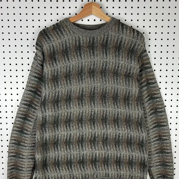 Haggar Brown Tan Knit Sweater Medium Chunky Coogi Style Grandpa 90s Golf Crew - Picture 2 of 6